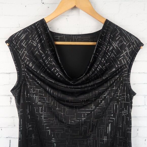 BLACK SLEEVELESS COWL NECK EVENING PARTY TOP WITH SILVER DETAIL SIZE MEDIUM - Picture 3 of 5